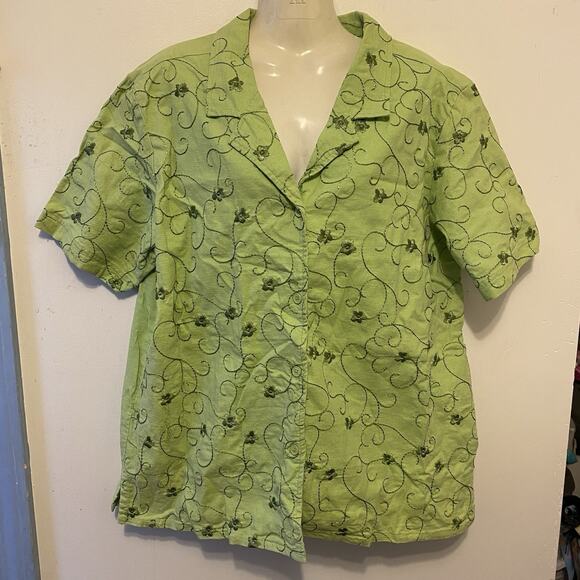 ButtonUp Top & CapriPants 2Pcs Set Denim & Co Green Embroidered Resort Lounge L - Picture 7 of 12